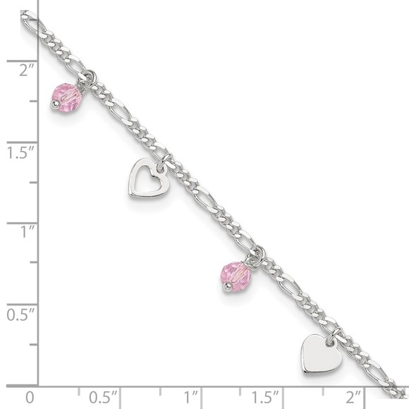 925 Sterling Silver Pink Glass Beads and Hearts Charms 9" Anklet 1" extension - Picture 7 of 8